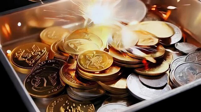 closeup coins tumbling in metal tray dynamic slowmotion of gold and silver coins colliding and sparkling, motion blur and impact flashes, cinematic reflections suggesting jackpot payout