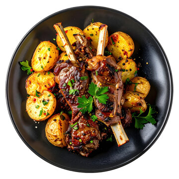 A hearty serving of traditional kuurdak with fried lamb, potatoes, and onions, neatly presented and isolated on a white background