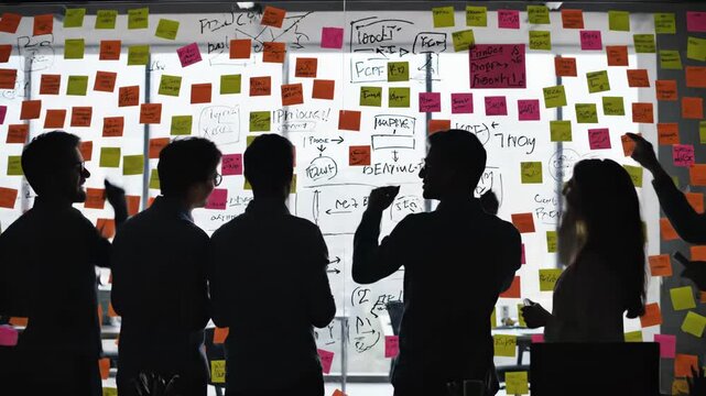 A diverse team brainstorms ideas on a glass wall covered in colorful sticky notes and equations Silhouettes capture the energy of collaborative problem solving and innovation