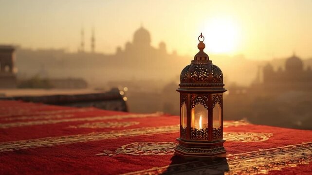 Ramadan lantern on prayer mat with mosque background, peaceful Ramadan Mubarak spirituality

