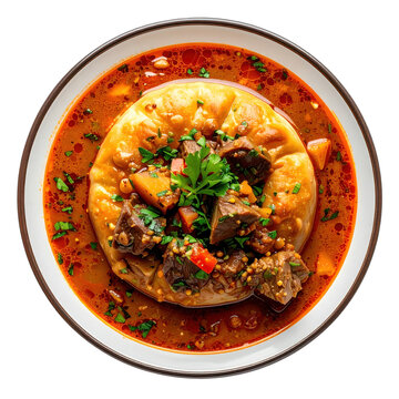 Appetizing kyrgyz boorsok with a rich stew, neatly arranged in a bowl and perfectly isolated on white background for a clean food image