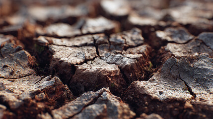 Dry earth with cracked texture, a symbol of drought and environmental change. The surface of the earth is marked by fissures and crevices.