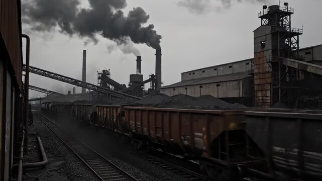 This image shows a train loaded with coal passing by an industrial complex with smoke billowing from its chimneys starkly against the overcast sky