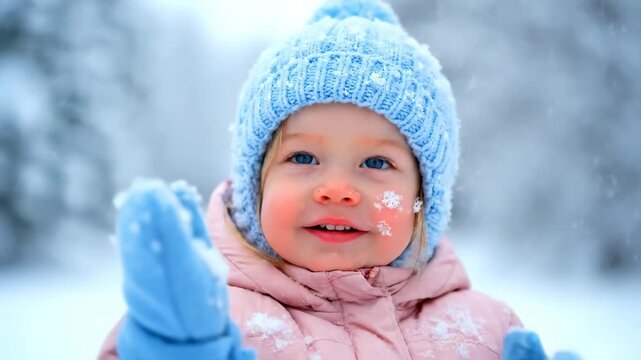 A young child wearing a blue hat and mitten looks up in wonder as snowflakes fall gently Winter wonderland magic