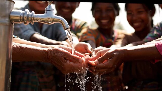 Children joyfully gather around a faucet catching clean water This image evokes hope progress and the preciousness of a vital resource