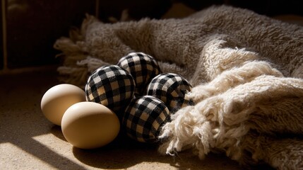 Obraz premium Gingham Fabric Eggs and Natural Eggs Peeking from Cozy Textured Nest