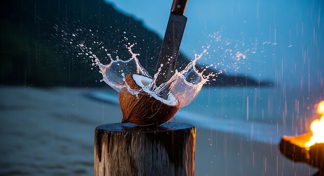 Dramatic scene of a machete splitting a coconut on a wooden post during a rain shower on a tropical beach with a bonfire.