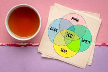 mind, body, spirit, soul and you, holistic concept that encompasses the various aspects of human existence and well-being, vector venn diagram