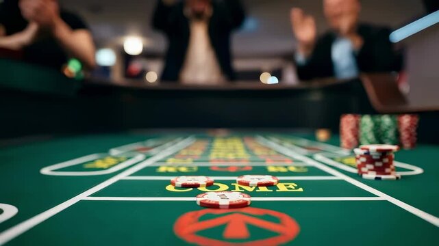 craps table closeup with chips and layout, stickman pushes dice and players lean in green felt, stacked chips, low warm lighting, nervous applause, highstakes bets and suspenseful night