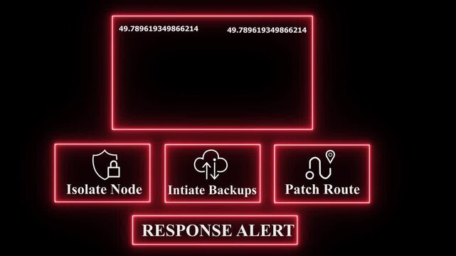 DNS Spoofing Warning Displayed on Futuristic Server Room Interface with Isolate Node, Backup Initialization, and Patch Routing Options in Glowing Neon Light &ndash; 4K Animation