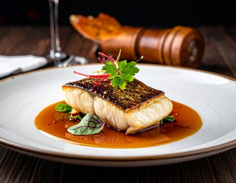 Fine dining plate of sablefish with maple glaze