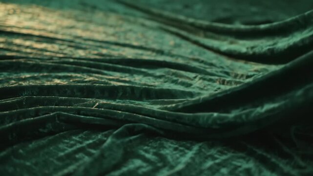 Luxurious emerald green velvet fabric drapes elegantly creating a rich textured background with highlights and shadows suggesting depth and sophistication perfect for dramatic settings