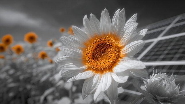 A Vibrant Sunflower Against a Solar Panel Backdrop. The sunflower, with its bright orange center, is in sharp contrast against a field