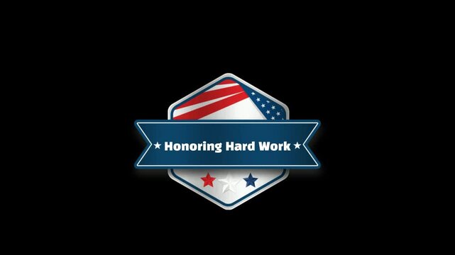 Patriotic award badge design with banner text honoring hard work featuring stylized american flag elements against a stark black background