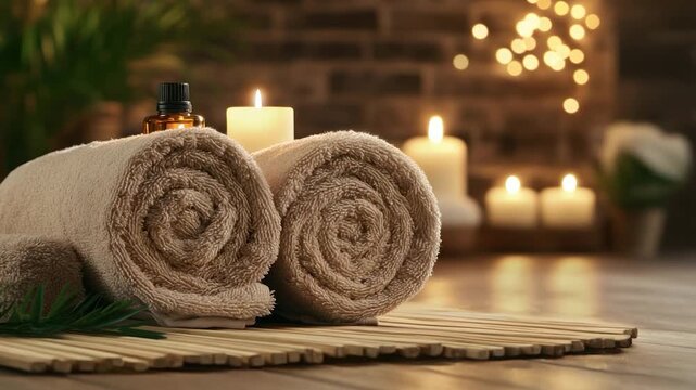 Spa scene featuring rolled towels, burning candles, aromatherapy oil bottle, bamboo mat, and soft, warm lighting
