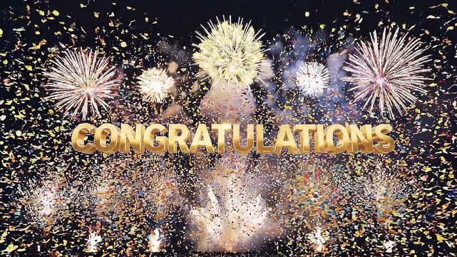 3D gold text congratulations exploding into the scene with colorful fireworks bursting