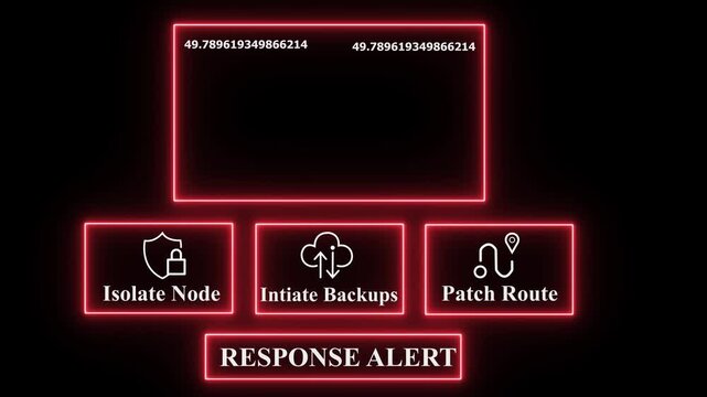  HACKING Warning Displayed on Futuristic Server Room Interface with Isolate Node, Backup Initialization, and Patch Routing Options in Glowing Neon Light &ndash; 4K Animation