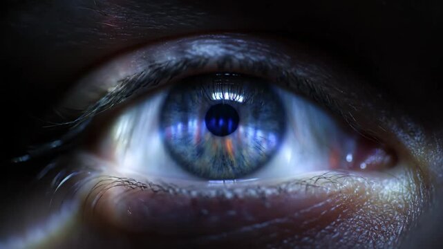 A strikingly blue eye stares intently forward Its iris reflects light creating a mesmerizing digital like pattern The surrounding skin shows texture and detail