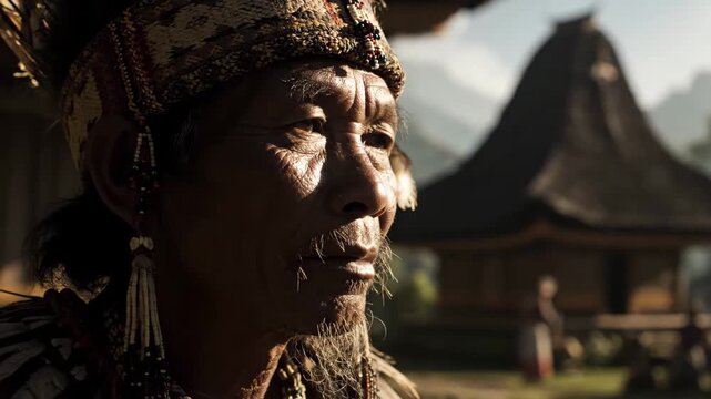 An elder human wears traditional attire and adornments The background features a rustic village structure with mountains and trees suggesting a rural or indigenous setting