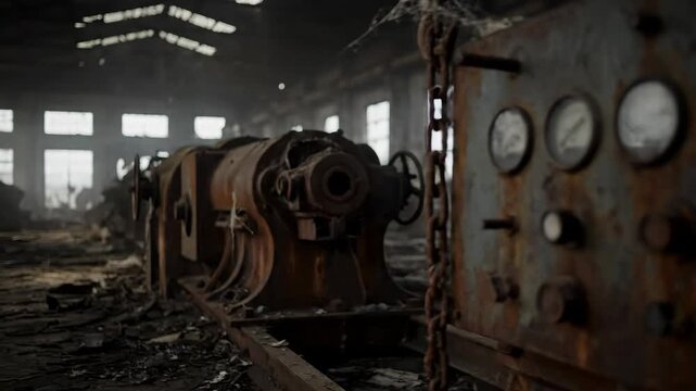 A rusty industrial machine stands dormant inside a dimly lit factory Its gauges and chains suggest a history of heavy manufacturing and operation
