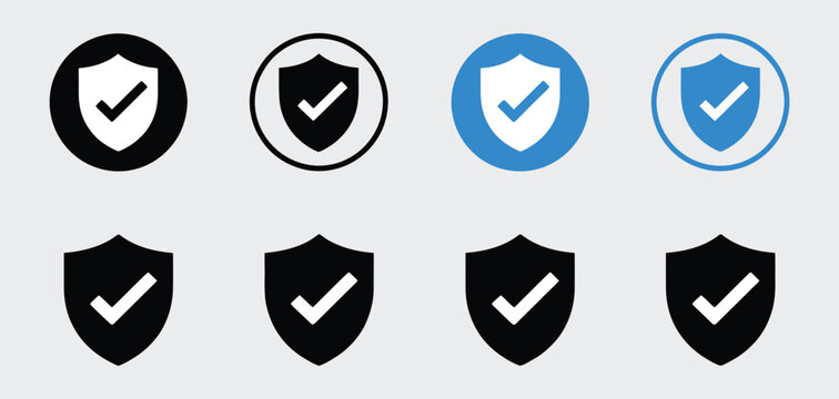 Security Shield Icon Set, check mark symbols for protection and safety verification, lock and security icons, vector illustration for digital security and safety.