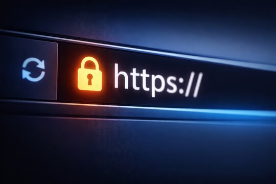 Secure website connection with padlock icon and https url on dark background with blue glow
