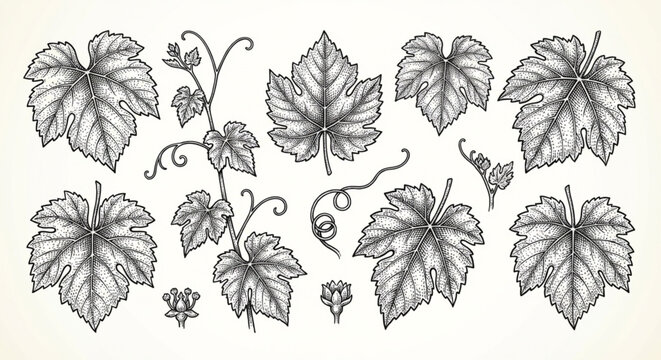 Detailed ink drawings of various grape vine leaves and tendrils, showcasing intricate botanical details and artistic flair