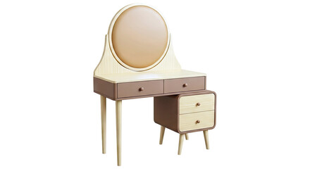 Fototapeta premium Modern Oval Mirror Vanity with Wood and Brown Accents