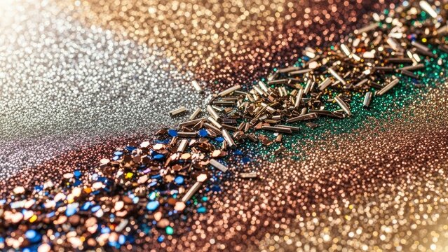 Close-up of shimmering glitter in silver, gold, and teal with scattered metallic beads, creating a vibrant abstract background.