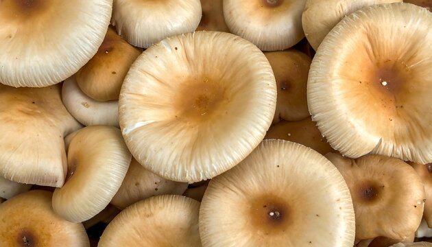 Overhead shot of numerous pale, round fungi tightly packed. They feature tan, slightly darker caps with radial striations