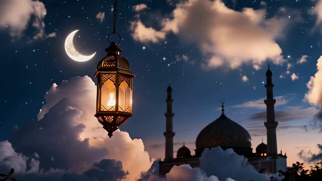 mosque lantern night scene with crescent moon and minarets at dusk