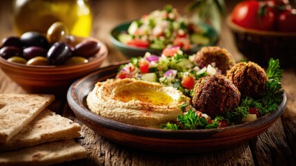 Mediterranean diet spread featuring hummus, falafel, fresh tabbouleh salad, olives, whole grain pita bread with olive oil drizzle, healthy eating. Heart wellness and balanced plant-based nutrition.