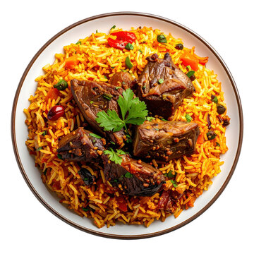 Golden tajik osh plov with chunks of meat and yellow carrots, captured from above and perfectly isolated on a pristine white background