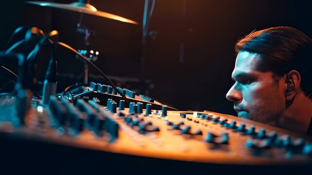 Closeup white sound engineer adjusting mixer, warm orange and cool blue stage lighting, fingers on faders and knobs, focused expression with in ear monitor, analog console, cables,