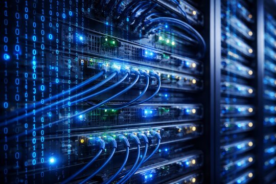 Rows of computer server racks with illuminated blue and green cables and binary code in the background for data storage and processing in a dark room with a futuristic