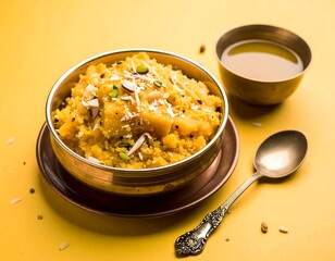 Sweet, golden semolina dessert in a bowl, garnish, drink & spoon on yellow backdrop