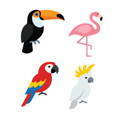 Fototapeta premium Colorful Tropical Bird Toucan Flamingo Parrot Icon Set