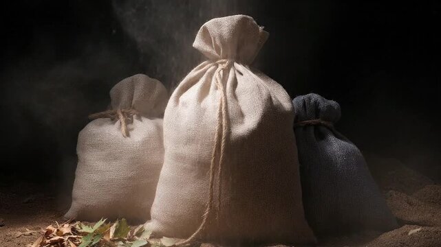 Three burlap sacks sit on dirt ground with leaves in front against dark background one sack is in center