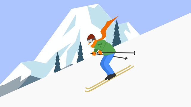 animation of a snowman skier skiing down a snowy mountain slope with pine trees in winter, motion graphics