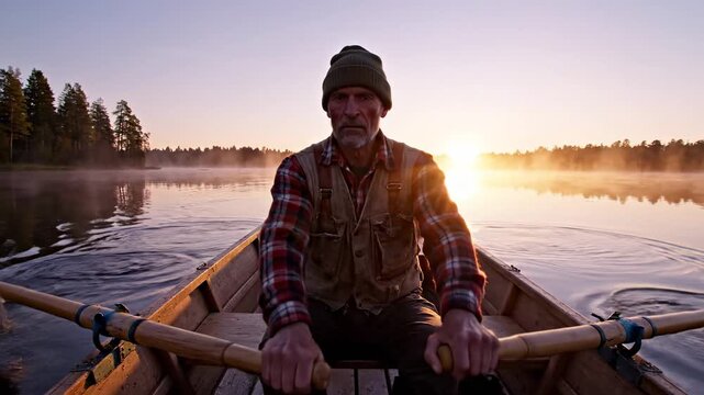 Man Canoeing on Serene Lake at Sunrise.