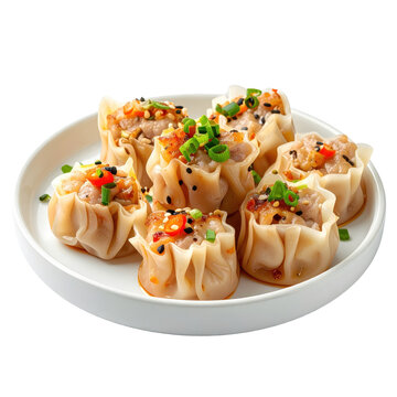 A single steamed mini pork shumai dumpling with an open top, isolated on a pure white background