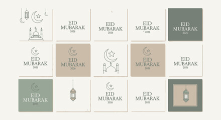 Obraz premium Collection of minimalist Eid Mubarak greeting card designs with Islamic motifs and calligraphy.