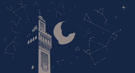 Night sky with constellation patterns surrounding a tower and crescent moon. © Story