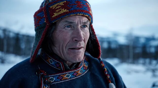 A weathered man with thoughtful eyes wears a traditional patterned hat and a dark coat standing in a snowy landscape He looks to the side