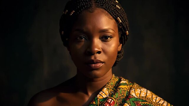 A young african woman with braided hair wears a colorful patterned cloth Her gaze is direct and thoughtful against a dark moody background