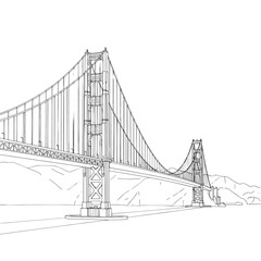 Fototapeta premium Sketch of a Suspension Bridge with Towers and Cables Over a Bay, Architectural Perspective.