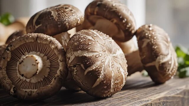 A close up view of fresh shiitake mushrooms on a wooden surface Their earthy tones and textures are ready for culinary creation