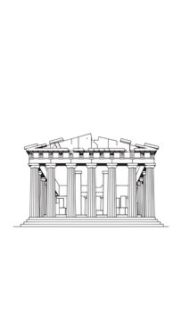 Classical Greek temple facade with Doric columns and pediment architecture.