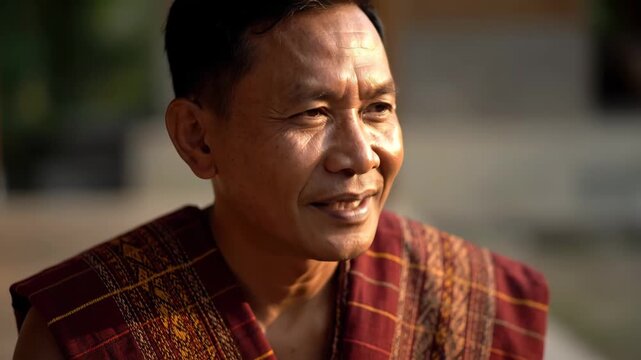 A man in traditional clothing looks thoughtfully to the side His weathered face shows a lifetime of experience The warm sunlight highlights his features