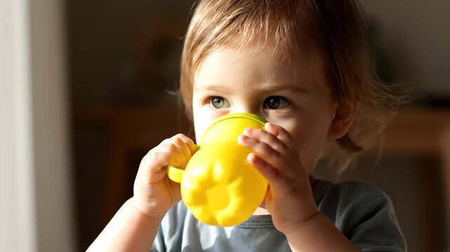 A young child with light brown hair drinks from a bright yellow sippy cup bathed in warm sunlight The child appears content and engaged